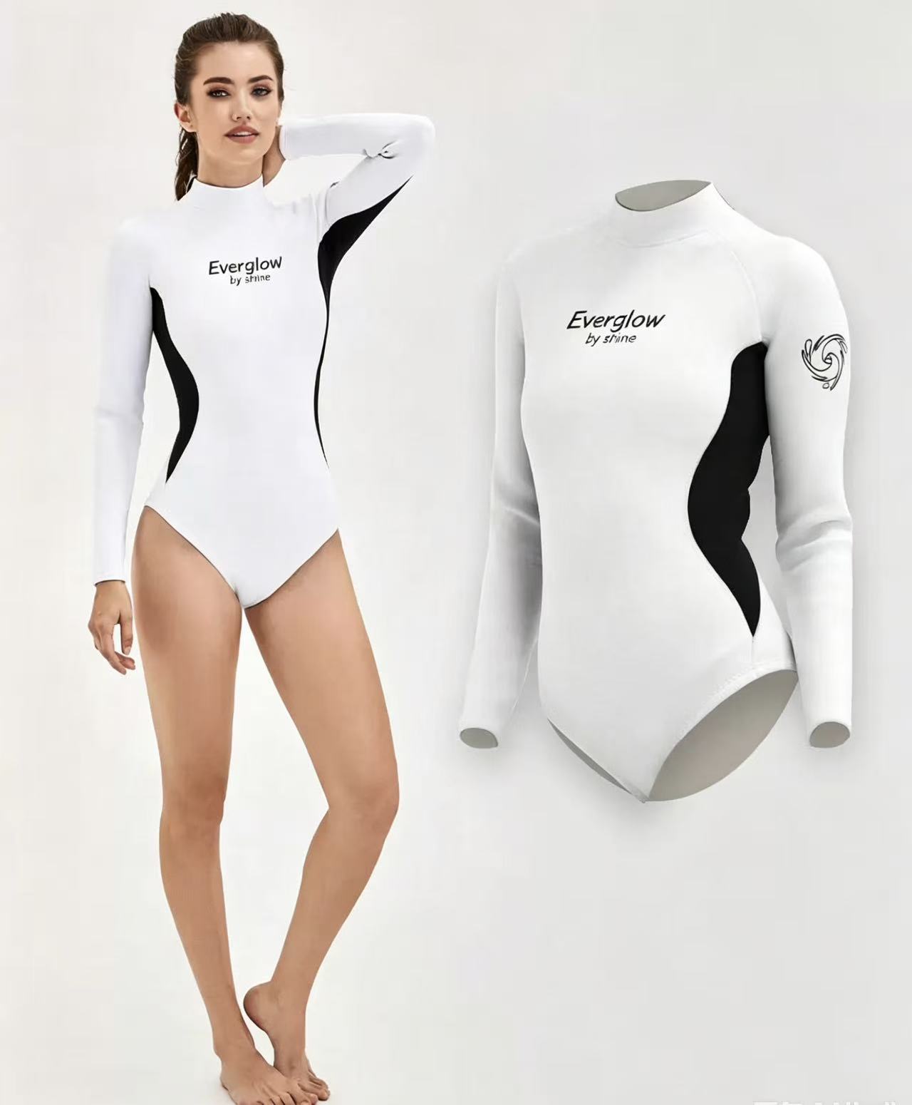2.5mm Women's One-Piece Long-Sleeve Wetsuit - White/Black Contrast Neoprene for Surfing, Snorkeling & Water Sports