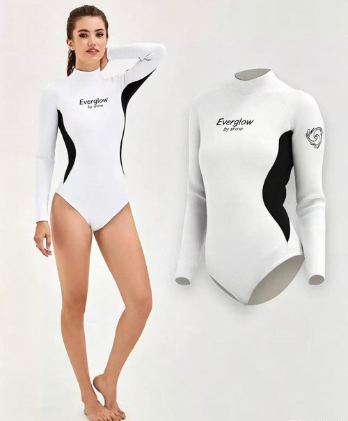 2.5mm Women's One-Piece Long-Sleeve Wetsuit - White/Black Contrast Neoprene for Surfing, Snorkeling & Water Sports