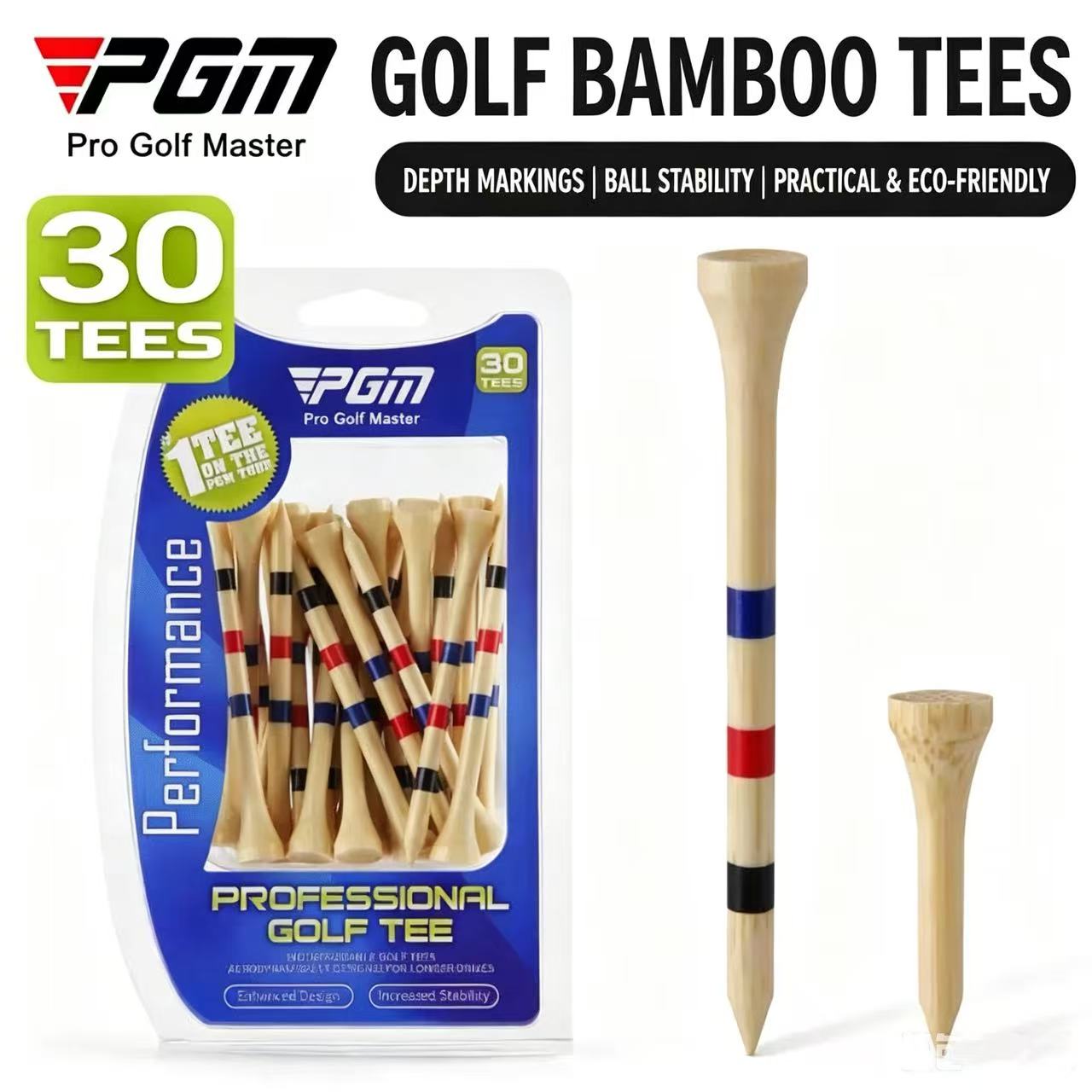 Premium Bamboo Golf Tees | Depth Marker Height Control, Eco-Friendly Wooden Golf Tees, 30-Pack