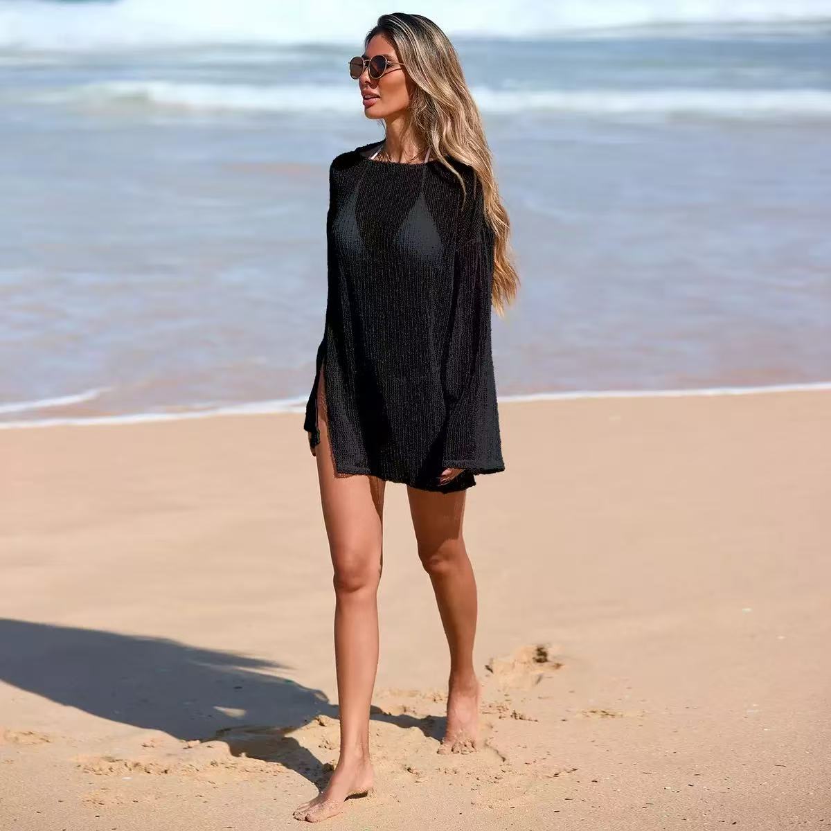 Boho Knit Long Sleeve Beach Cover Up, UPF Sun Protection Sheer Mesh Bikini Dress