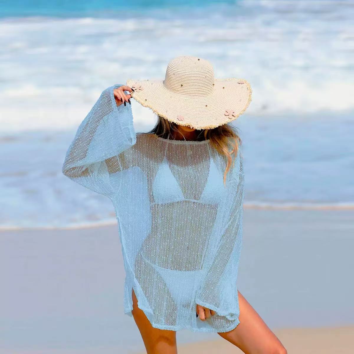 Boho Knit Long Sleeve Beach Cover Up, UPF Sun Protection Sheer Mesh Bikini Dress