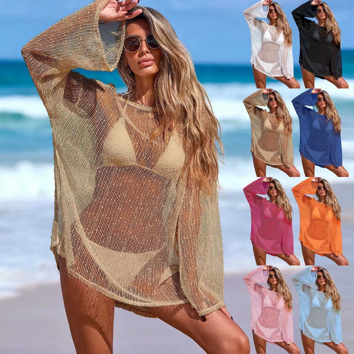 Boho Knit Long Sleeve Beach Cover Up, UPF Sun Protection Sheer Mesh Bikini Dress