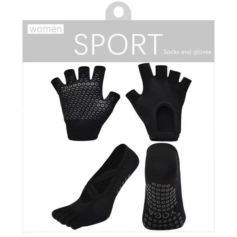 Non-Slip Pilates Five-Toe Socks with Grips & Hand Grips Set for Women - Workout Training Set
