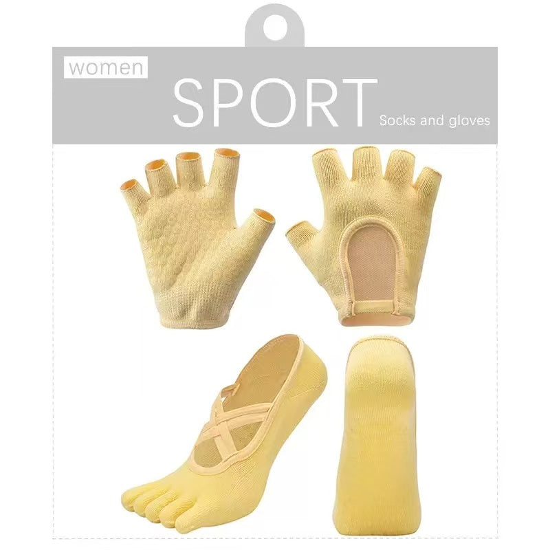 Non-Slip Pilates Five-Toe Socks with Grips & Hand Grips Set for Women - Workout Training Set